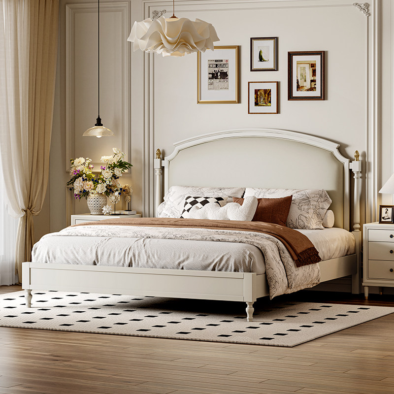 法式奶油风全实木1.8米双人主卧皮床小户型白色1.5儿童公主次卧床
