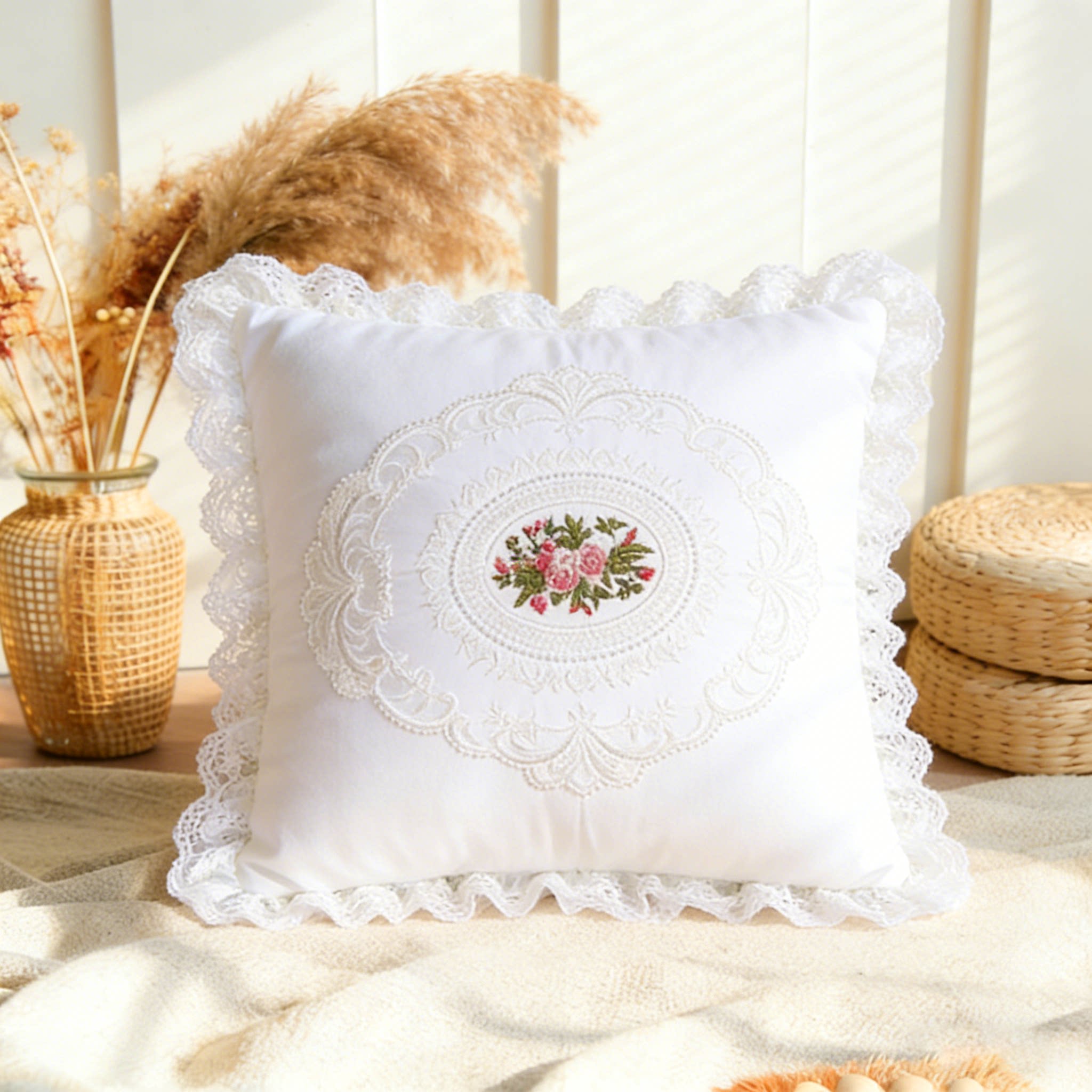 2026新款法式抱枕靠垫白色蕾丝方枕腰枕轻奢美式沙发卧室靠背枕