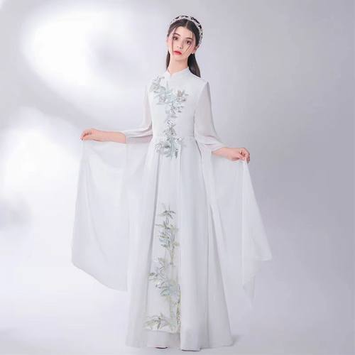 中国风古筝演出服女大童艺考演奏比赛礼服飘逸仙气长裙大合唱服装