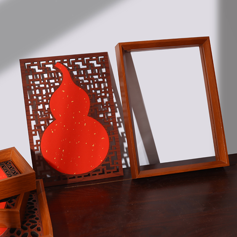 新中式福卡福字纸木制双面镂空书法摆台创意摆件相框空白万年红洒金宣纸手写福字斗方红纸桌面装饰立体画框