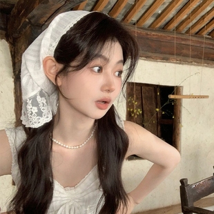 蕾丝头巾女田园风2025新款包头三角形头巾海边法式高级感头饰发箍
