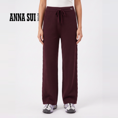 安娜苏运动裤女秋冬新品100%绵羊毛针织抽绳休闲阔腿长裤 ANNASUI