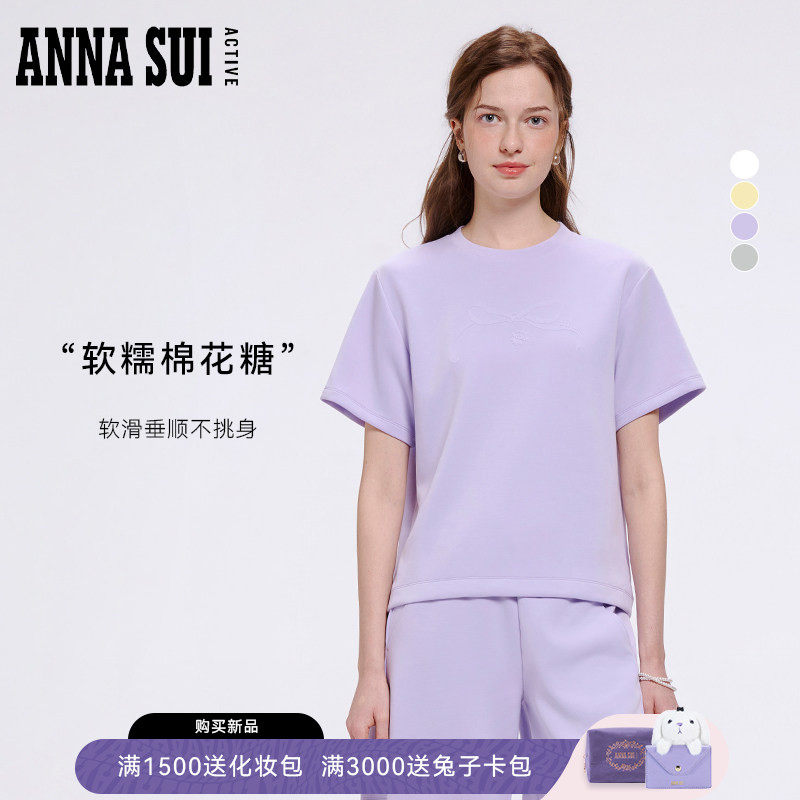 ANNASUI安娜苏运动棉花糖落肩圆领短袖T恤蝴蝶结宽松凉感女夏
