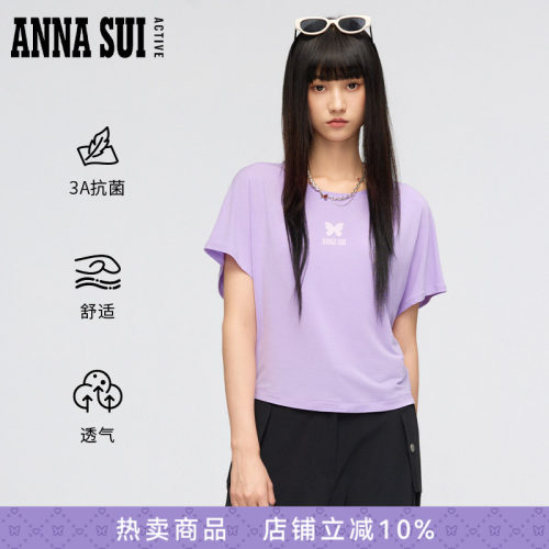 ANNASUI安娜苏运动春夏裸感轻薄圆领短款短袖T恤亲肤抗菌宽松女