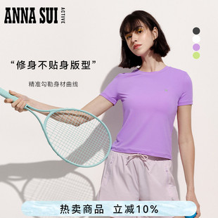 灰色蝴蝶logo莱卡高弹力短袖 休闲运动T恤女 SUI安娜苏运动 ANNA