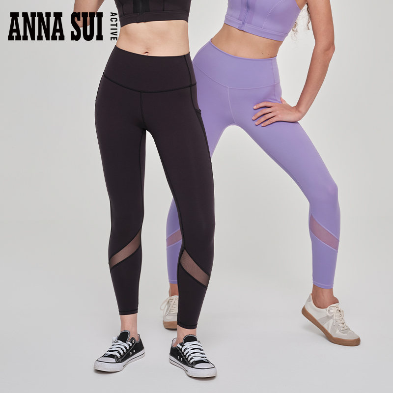 ANNA SUI安娜苏运动  3A抗菌高强度拼纱高腰健身弹力瑜伽长裤女