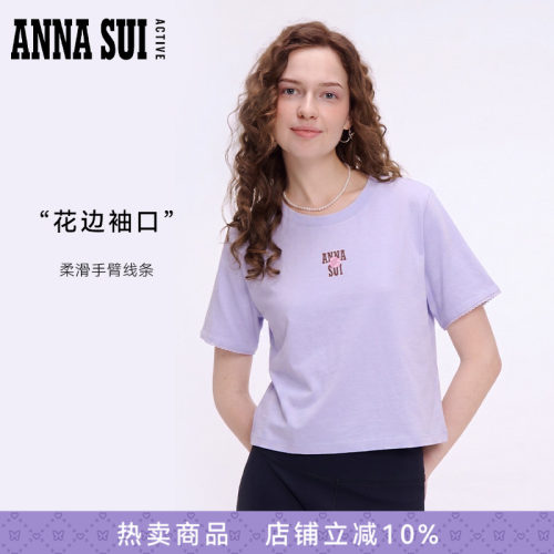 ANNASUI安娜苏运动小玫瑰短款花边袖圆领休闲短袖T恤舒适百搭女夏