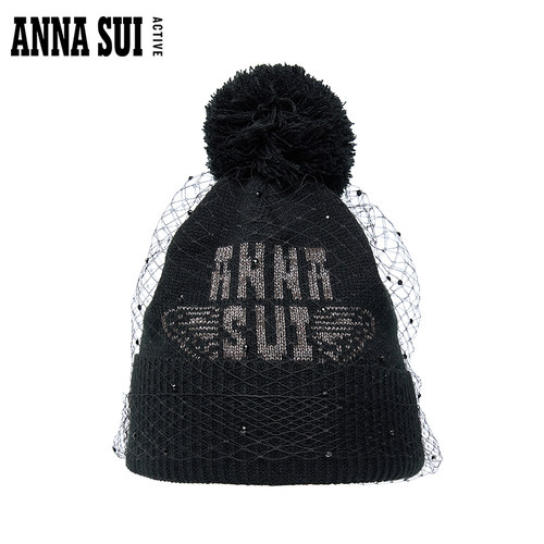 ANNA SUI安娜苏运动 秋冬经典logo时尚网纱毛线帽