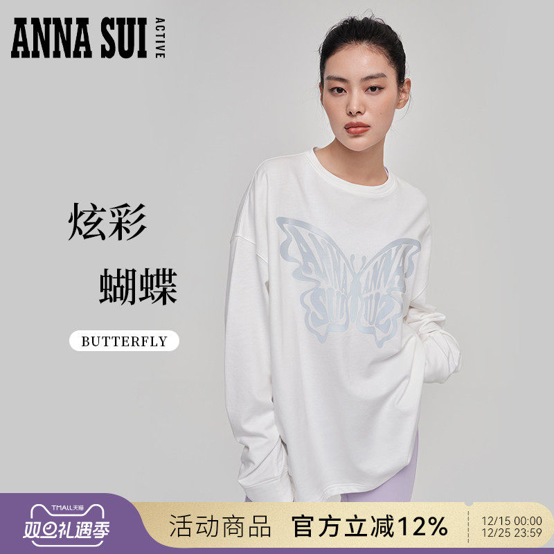 ANNA SUI安娜苏运动 银色反光蝴蝶慵懒感印花T恤宽松落肩袖卫衣女