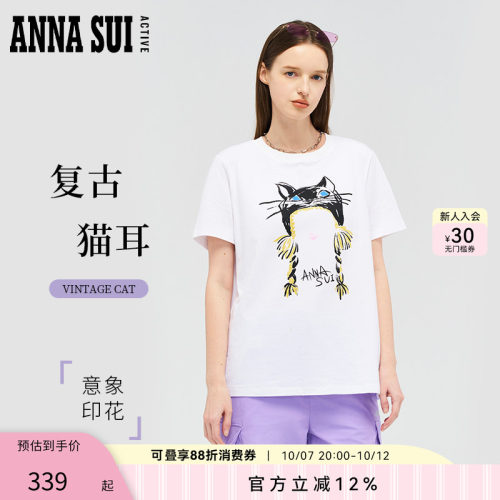 ANNASUI安娜苏运动明星同款复古猫耳印花圆领慵懒短袖T恤休闲上衣