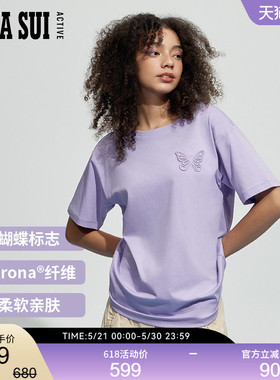 ANNASUI安娜苏运动紫色蝴蝶蕾丝圆领短袖休闲运动T恤女式夏季上衣