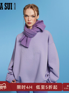 ANNA SUI安娜苏运动 紫色卫衣立体蝴蝶logo宽松款圆领加绒加厚