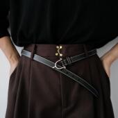 三所vintage 边缘撞色线细款 布朗棕钩子皮带百搭烫金复古金属腰带