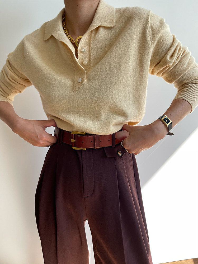 THREE VINTAGE LAPELS ALL-WOOL POLO KNIT WOMENS UNDERWEAR LAYERED MINIMALIST SWEATER BASE LAYER