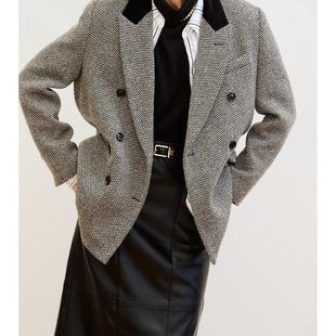 黑白千鸟格丝绒拼接绵羊毛西装 重现限量进口经典 经典 三所vintage