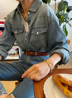 三所vintage 1950S靛蓝衬衣叠穿港风复古牛仔衬衫长袖内搭女春秋