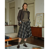三所vintage 复古咖灰格纹优雅A字裙 限量进口棉羊毛伞裙半身裙