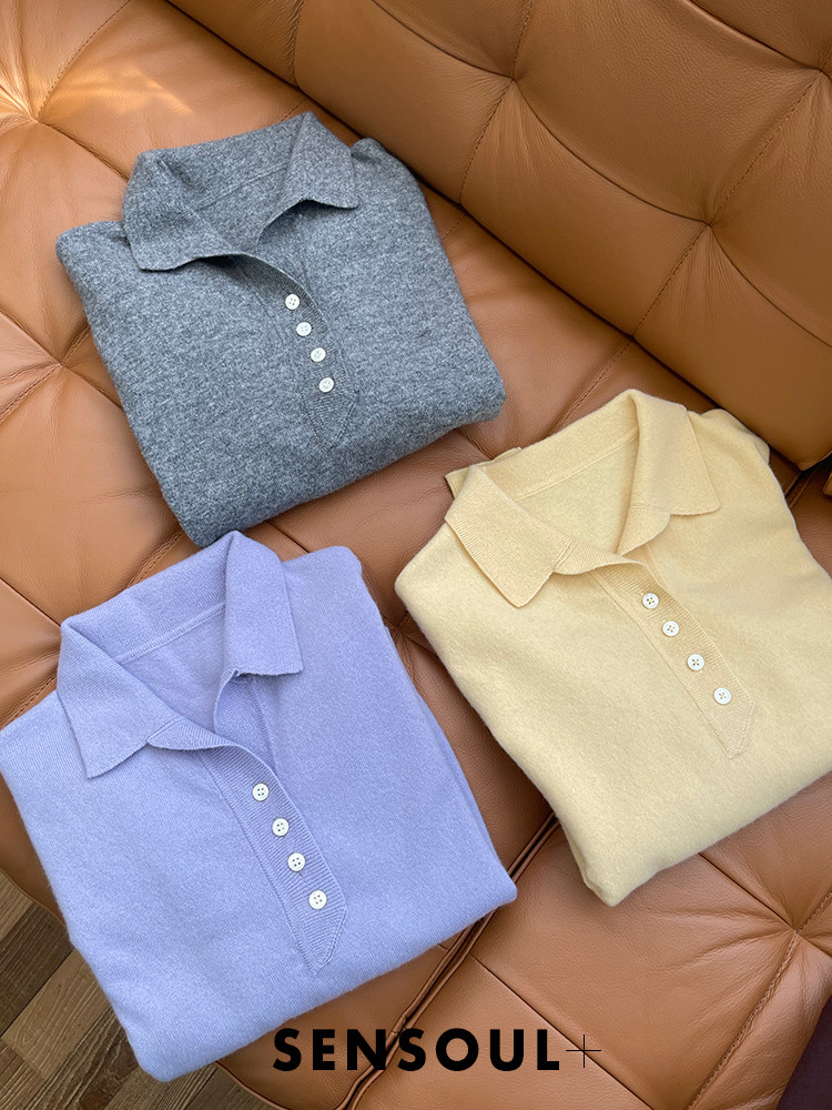 THREE VINTAGE LAPELS ALL-WOOL POLO KNIT WOMENS UNDERWEAR LAYERED MINIMALIST SWEATER BASE LAYER