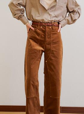 三所vintage 细纹灯芯绒拼接金属撞钉工装overalls阔腿裤