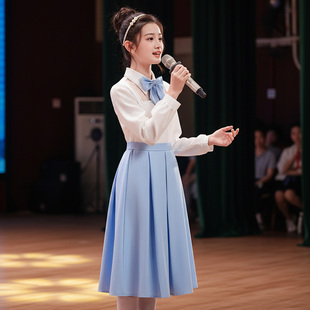 元旦儿童合唱蓝色爱国朗诵演出服女童初中小学生演讲比赛礼服装冬