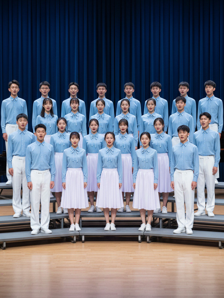初高中学生爱国合唱团朗诵演出服蓝色演讲服装运动会开幕举牌班服图片