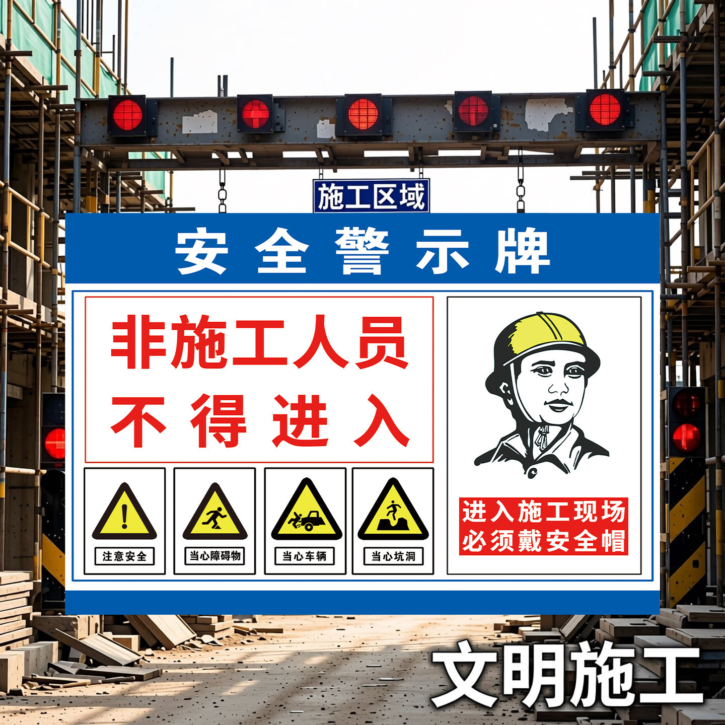 施工安全警示牌工地前方道路减速慢行建筑装修现场警告标志标识牌前方施工警示牌现场必须带安全帽提示牌定制