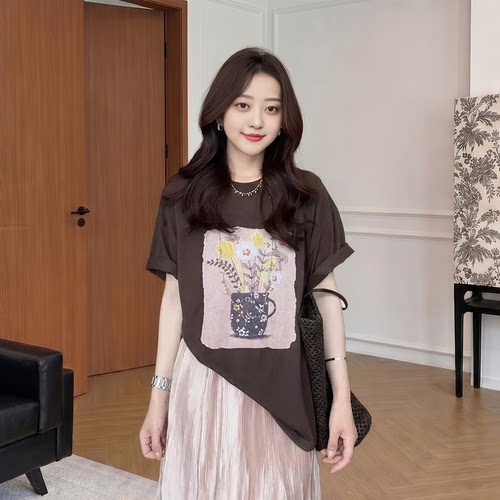 大码女装韩系圆领花朵印花短袖T恤女夏季胖mm宽松遮肉巨显瘦上衣