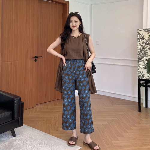 大码女装设计感高腰印花阔腿裤女2026夏季胖mm遮胯显瘦垂感休闲裤