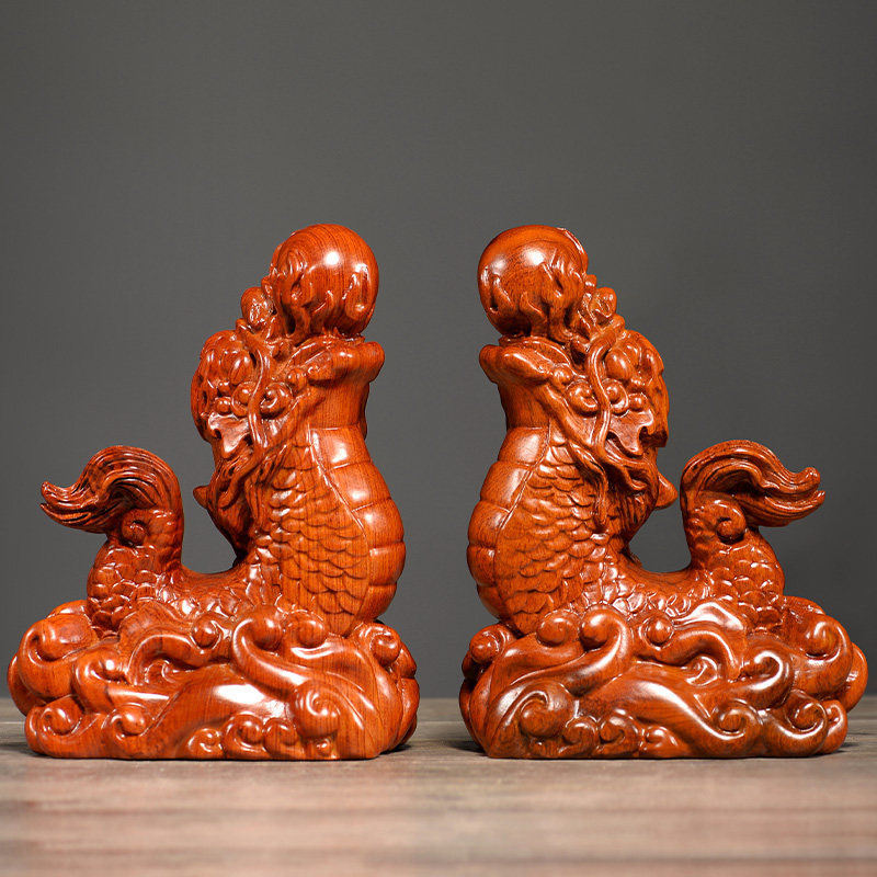 刺史花梨木雕刻龙鱼戏珠摆件实木客厅工艺品装饰年年有鱼风水摆设
