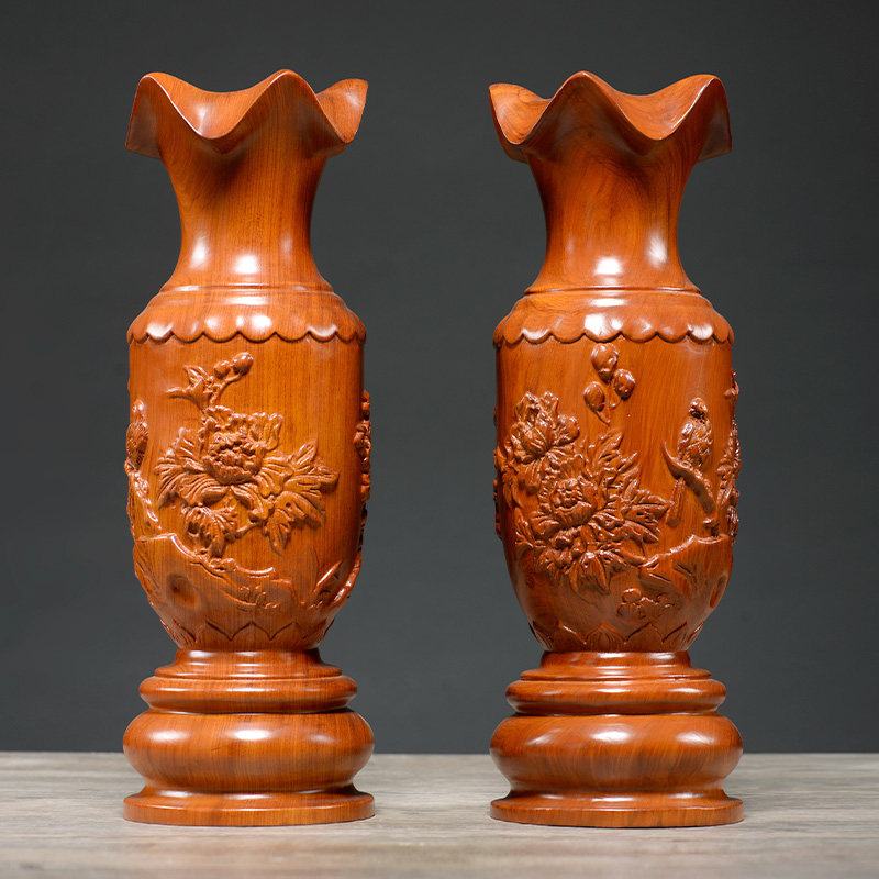 花梨木雕花瓶摆件实木家居装饰品客厅插花中式大号红木雕刻工艺品