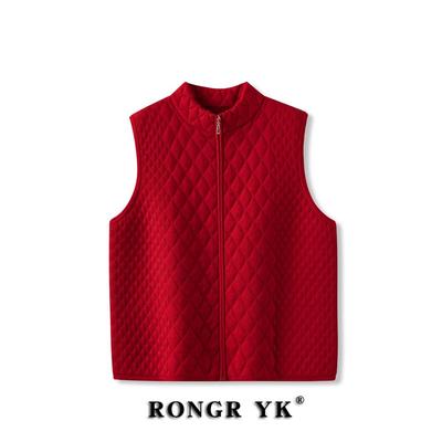 春秋季菱格立领加厚针织马甲女内搭叠穿背心拉炼开衫短款外套马夹