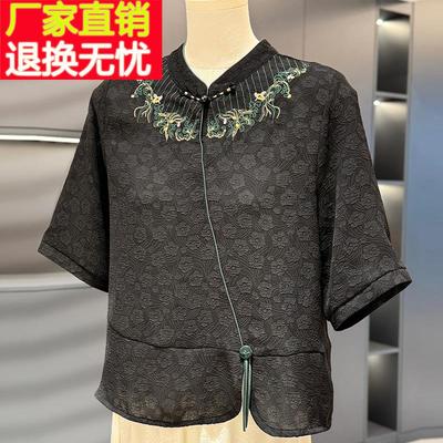 中国风妈妈装雪纺衬衫女短袖夏装新款上衣洋气百搭复古中老年衬衣