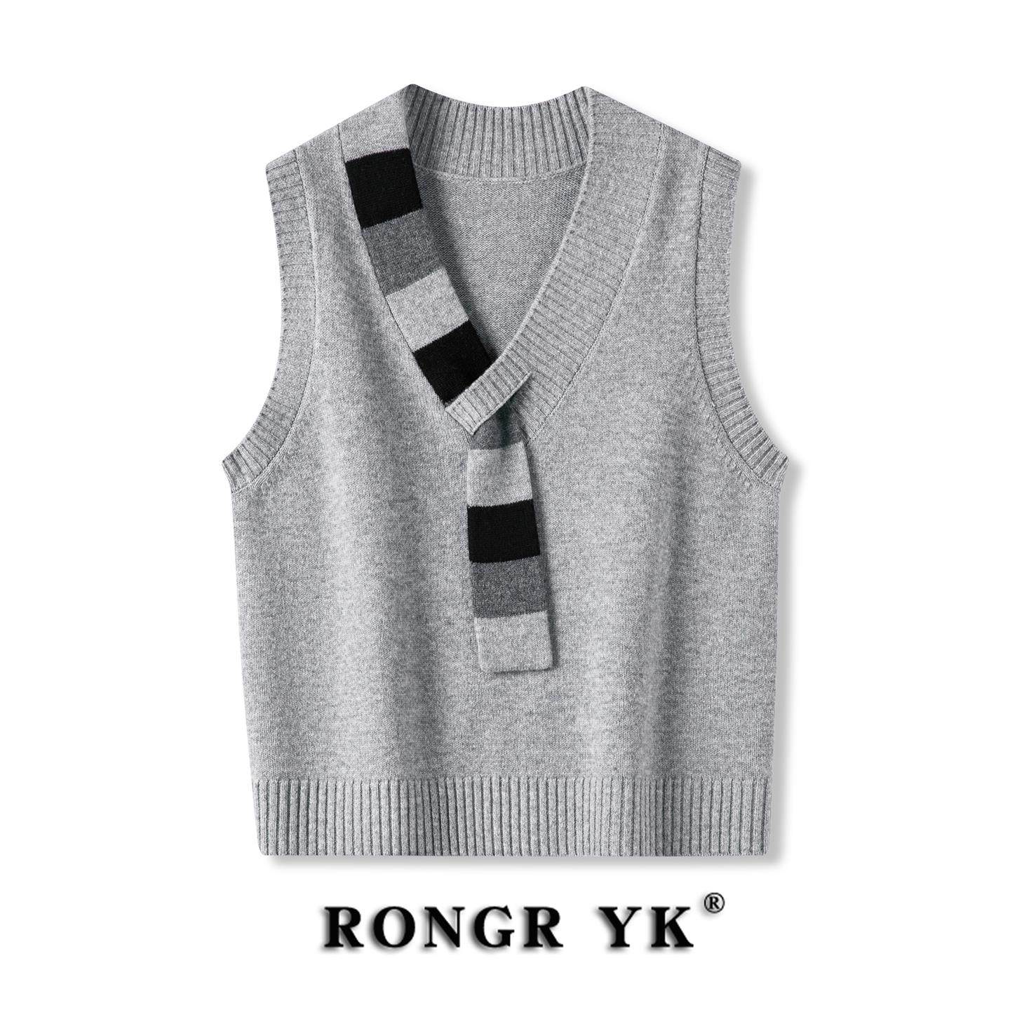 气质围巾V领纯羊毛针织马甲女春秋宽松休闲叠穿坎肩毛衣背心外搭