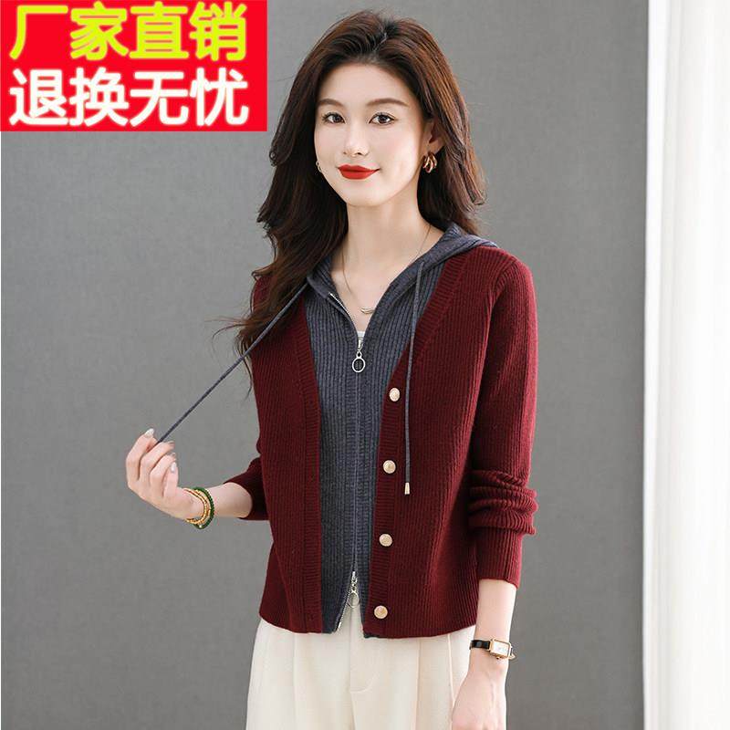 假两件上衣女时尚洋气短款连帽毛衣外套春装2025新款爆款针织开衫