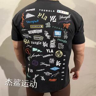 现货新款YLA满背印花超帅男士运动健身休闲弹性棉显身材圆领短袖