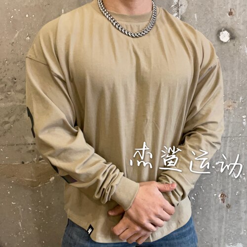 显大YLA新品男士运动健身休闲弹性宽松后背字母亲肤棉质圆领长袖
