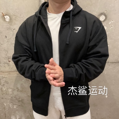 英国GYMSHARK Essential男女秋冬运动休闲刺绣标加绒宽松拉链外套