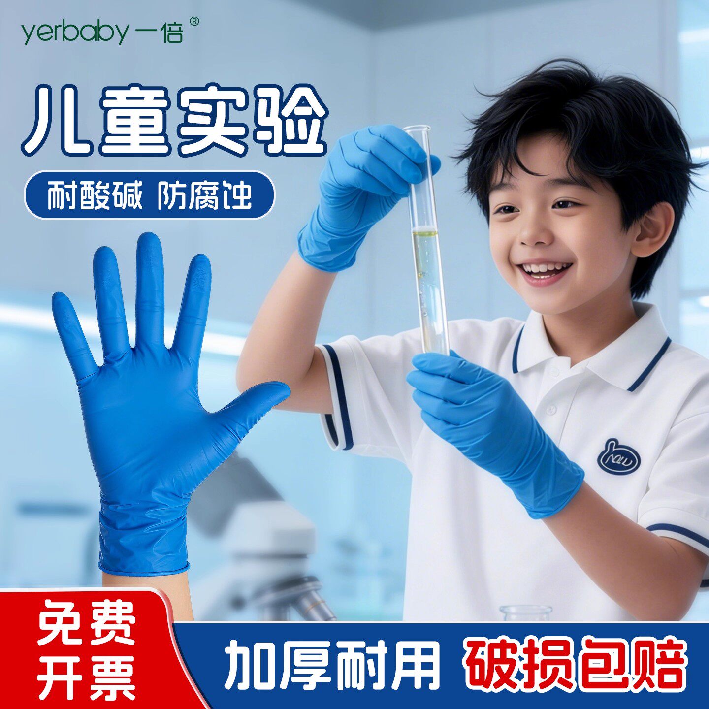 儿童实验手套化学实验室专用一次性丁腈橡胶耐酸碱防腐蚀加厚防滑