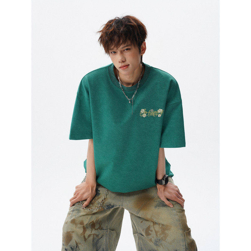 Crying Center哭喊中心三川一禾男装250克重磅刺绣天丝棉短袖T恤