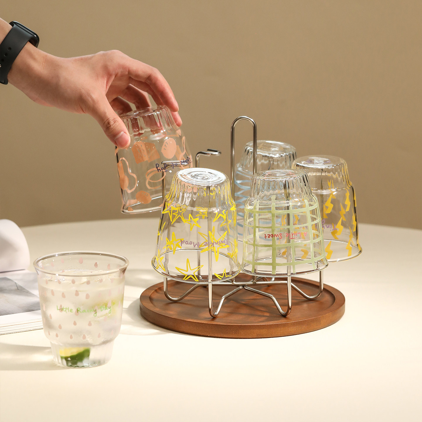蓝莲花高硼硅玻璃杯套装带杯架图片
