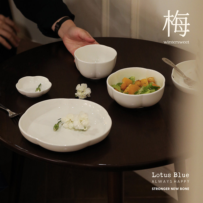 蓝莲花白瓷餐具家用简约陶瓷吃饭碗菜盘子纯白花型碗盘组合高颜值,餐饮具,碗,淘宝优惠券,粉丝福利购,淘宝优惠卷