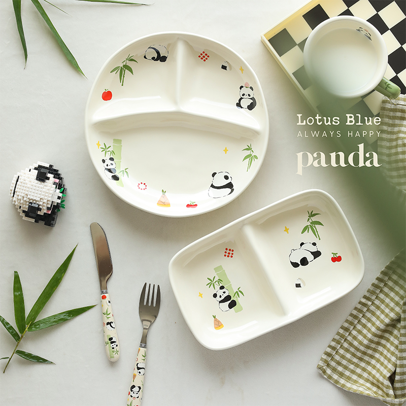 蓝莲花陶瓷熊猫分格盘
