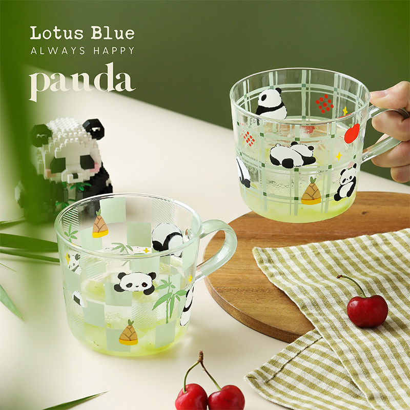 蓝莲花玻璃熊猫小花花早餐杯