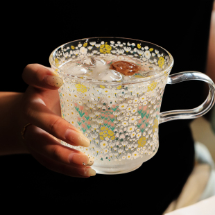 蓝莲花杯子精致好看情侣杯家用喝水早餐杯办公室水杯带把手大容量