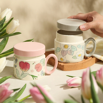 蓝莲花杯子马克杯女生陶瓷水杯女士办公室带盖子泡茶高颜值茶杯瓷