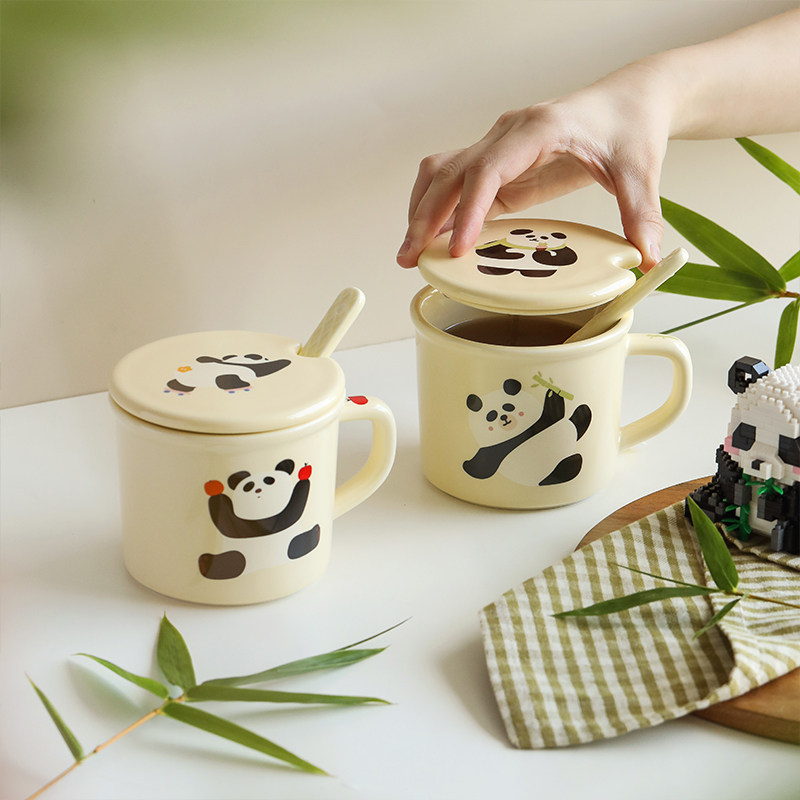 蓝莲花熊猫杯带盖带勺子陶瓷杯子高颜值茶杯可爱女生喝水杯办公室,餐饮具,马克杯,淘宝优惠券,粉丝福利购,淘宝优惠卷