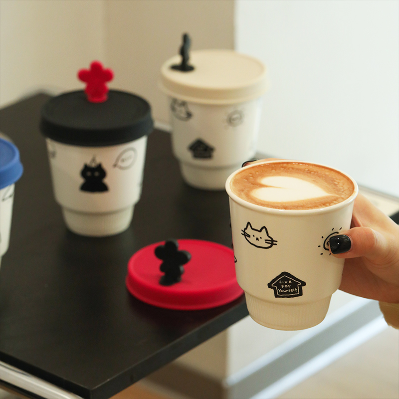 蓝莲花可爱卡通陶瓷杯子咖啡杯水杯茶杯带盖子办公室家用个人喝水