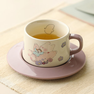 蓝莲花咖啡杯子拉花茶杯高颜值精致两件套陶瓷杯碟套装网红马克杯