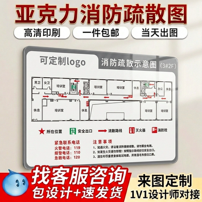 消防安全疏散路线示意图平面亚克力定制写字楼工厂安全出口导向牌可加急发货公司车间紧急撤离路线指引标识牌