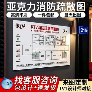 KTV消防疏散示意平面图棋牌室麻将馆火灾逃生路线图设计制作自带背胶亚克力娱乐场所消防疏散指引图粘贴式